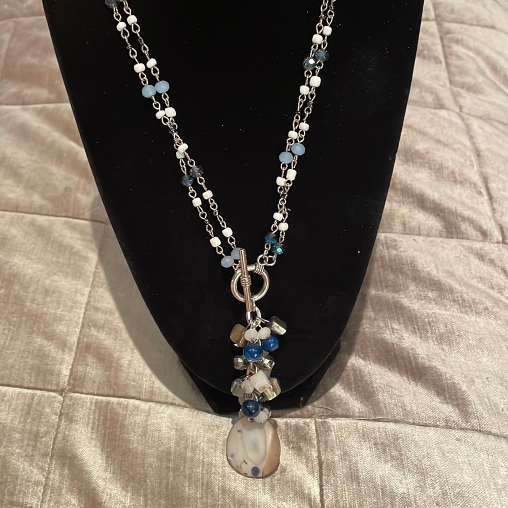 Beaded Toggle Necklace Blue and Cream